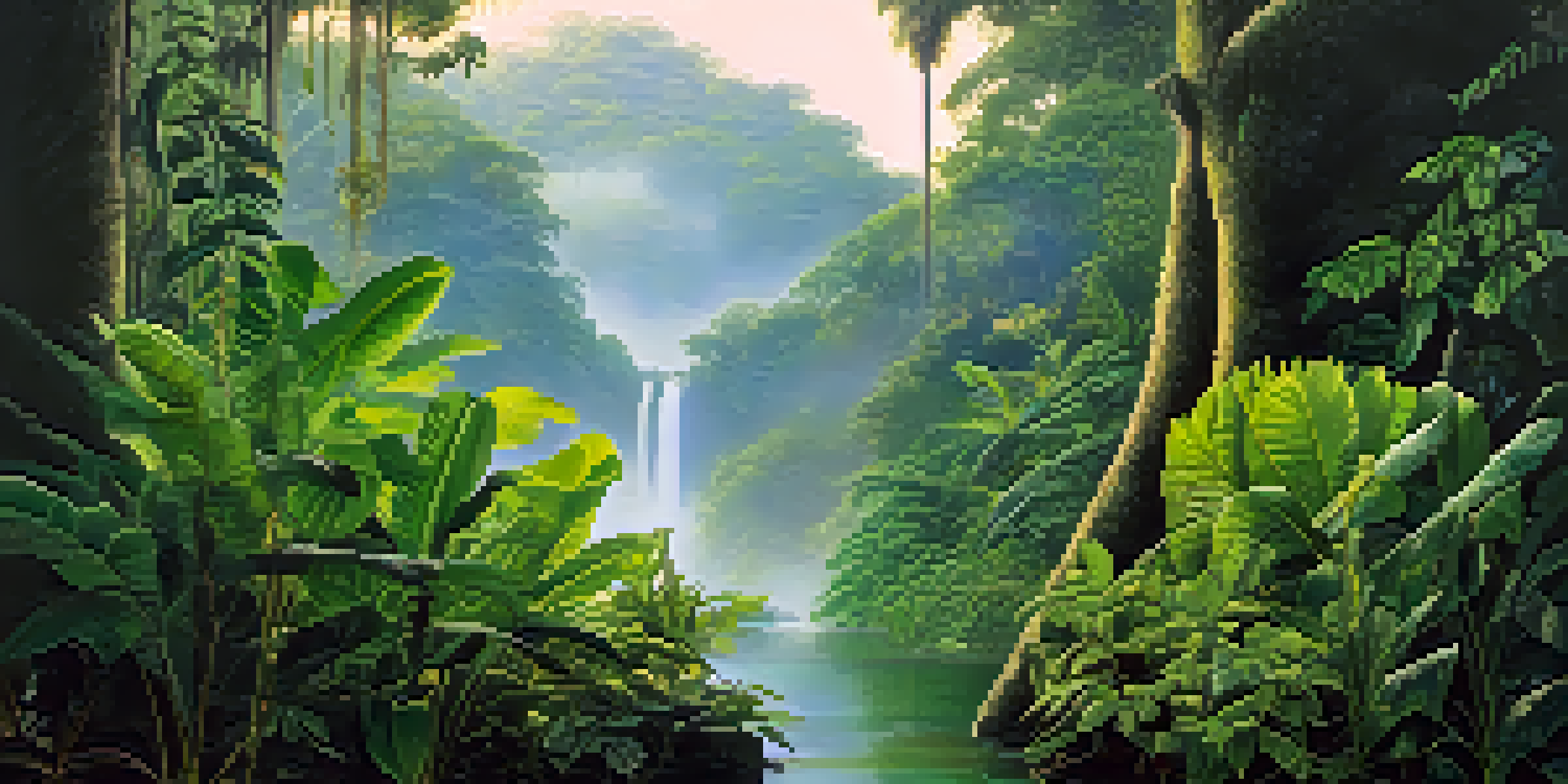 A vibrant Amazon rainforest at dawn, featuring indigenous plants used in Ayahuasca preparation, with sunlight peeking through the trees.