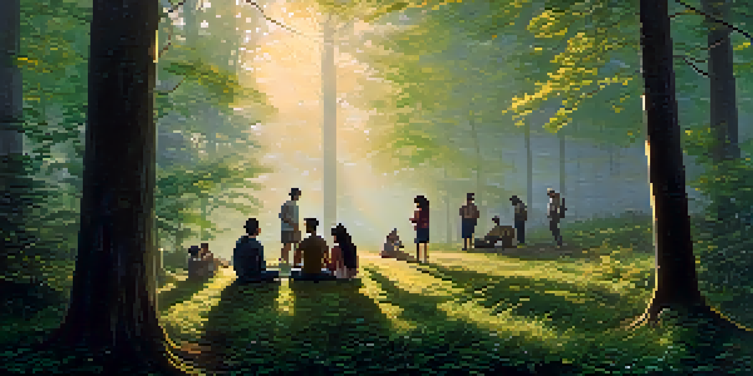 A peaceful forest scene at dawn with a group of diverse individuals sitting in a circle, sharing experiences with expressions of openness and vulnerability.