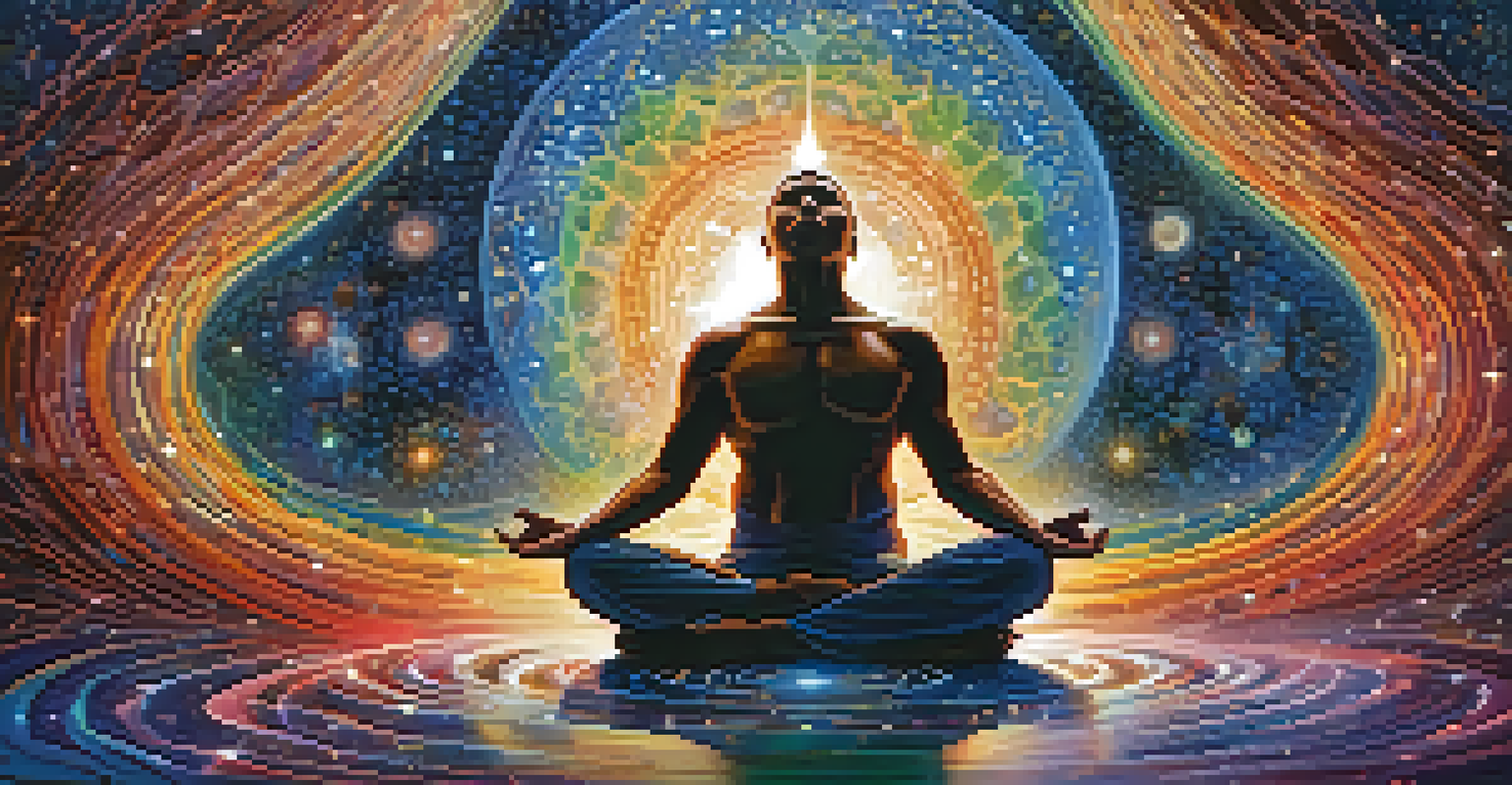 A meditating figure surrounded by swirling colors and cosmic patterns, representing different dimensions of reality and spiritual exploration.
