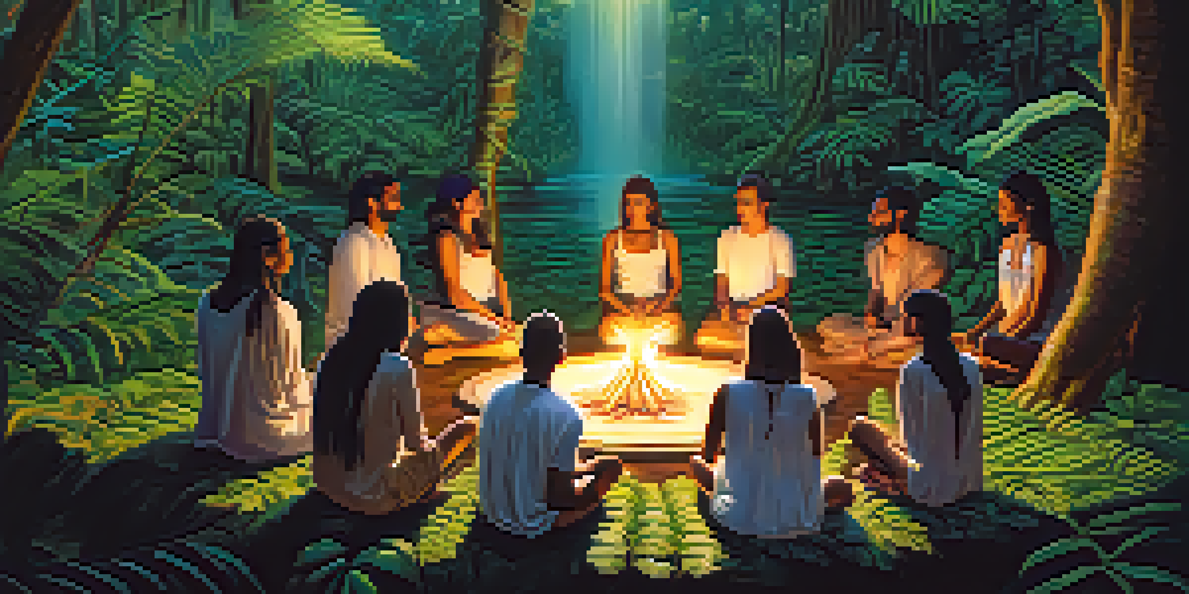 A group of people in white clothing sitting in a circle during an Ayahuasca ceremony, surrounded by lush greenery and colorful flowers, with warm light filtering through the trees.