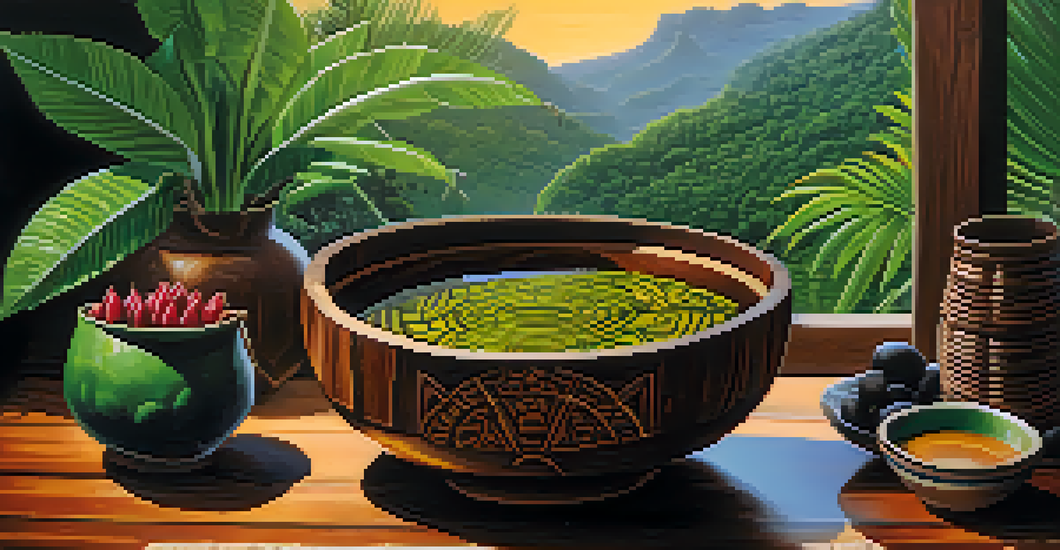 A close-up of Ayahuasca brew in a wooden bowl, surrounded by lush tropical plants and indigenous symbols.