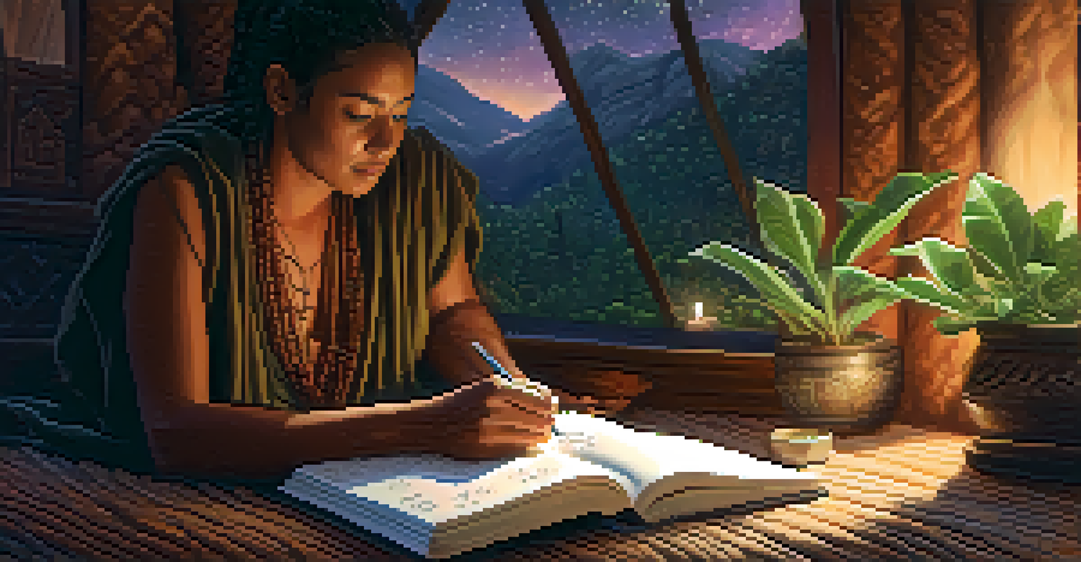 A person writing in a journal after an Ayahuasca ceremony, surrounded by plants and crystals in a softly lit room.