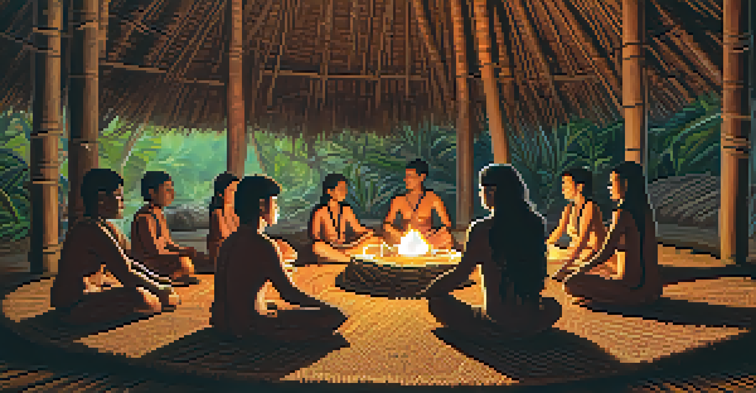 An ayahuasca ceremony inside a thatched-roof hut, with participants in a circle around a central altar decorated with natural elements, illuminated by candlelight.
