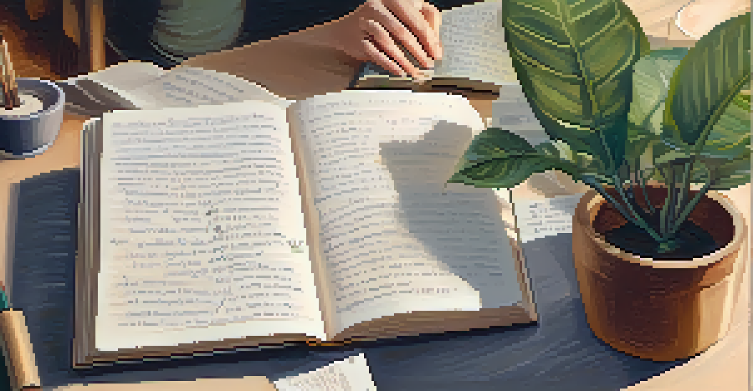 A close-up of a hand writing in a journal filled with notes and drawings, surrounded by a softly lit room with plants and candles.