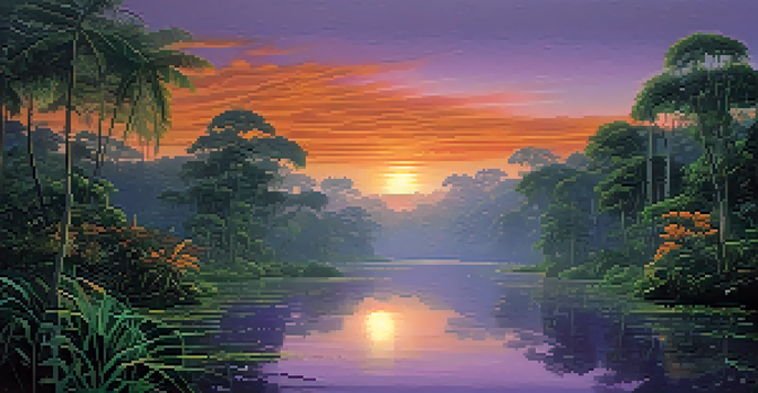 A peaceful Amazon rainforest at sunset, with a river and lush vegetation bathed in warm colors.