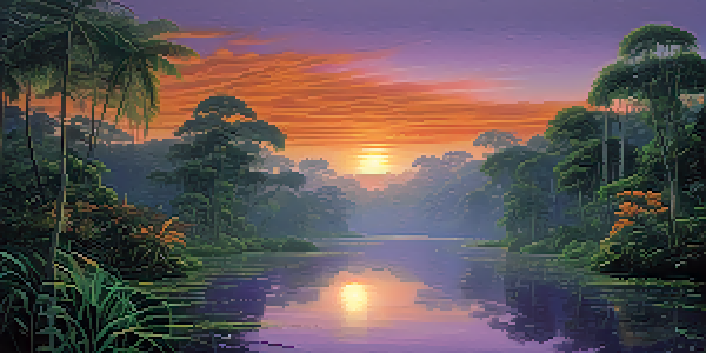 A peaceful Amazon rainforest at sunset, with a river and lush vegetation bathed in warm colors.