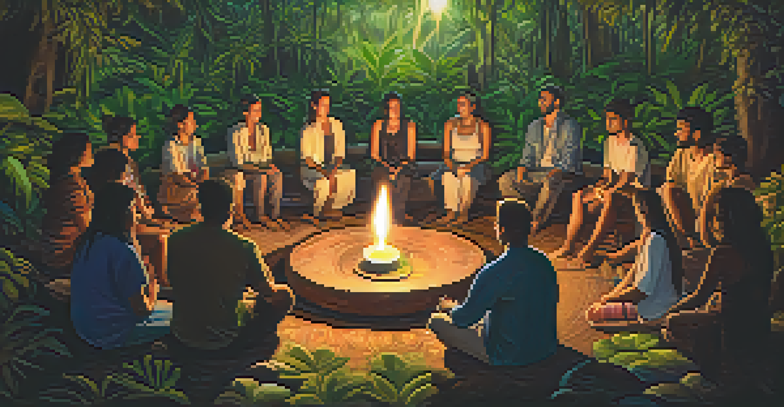 A diverse group of people in a circle during an Ayahuasca ceremony, illuminated by soft candlelight in a lush setting.