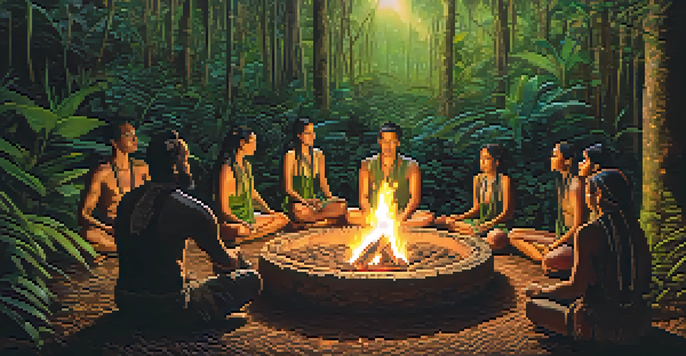 A peaceful gathering of people in a circle around a fire in the Amazon rainforest, meditating during an Ayahuasca ceremony under a starry sky.