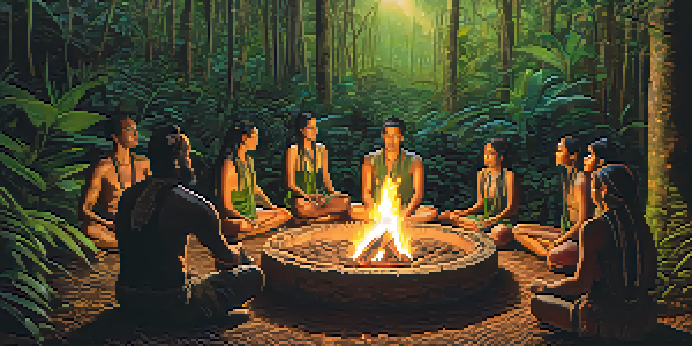 A peaceful gathering of people in a circle around a fire in the Amazon rainforest, meditating during an Ayahuasca ceremony under a starry sky.