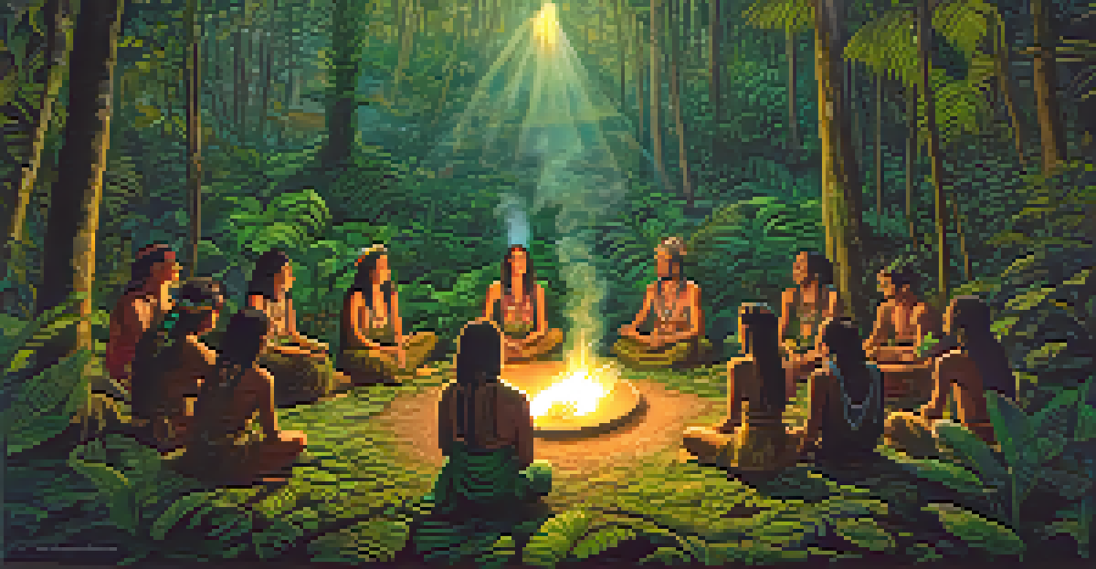 A peaceful Ayahuasca ceremony in the Amazon rainforest with participants sitting in a circle around a fire, illuminated by candlelight.
