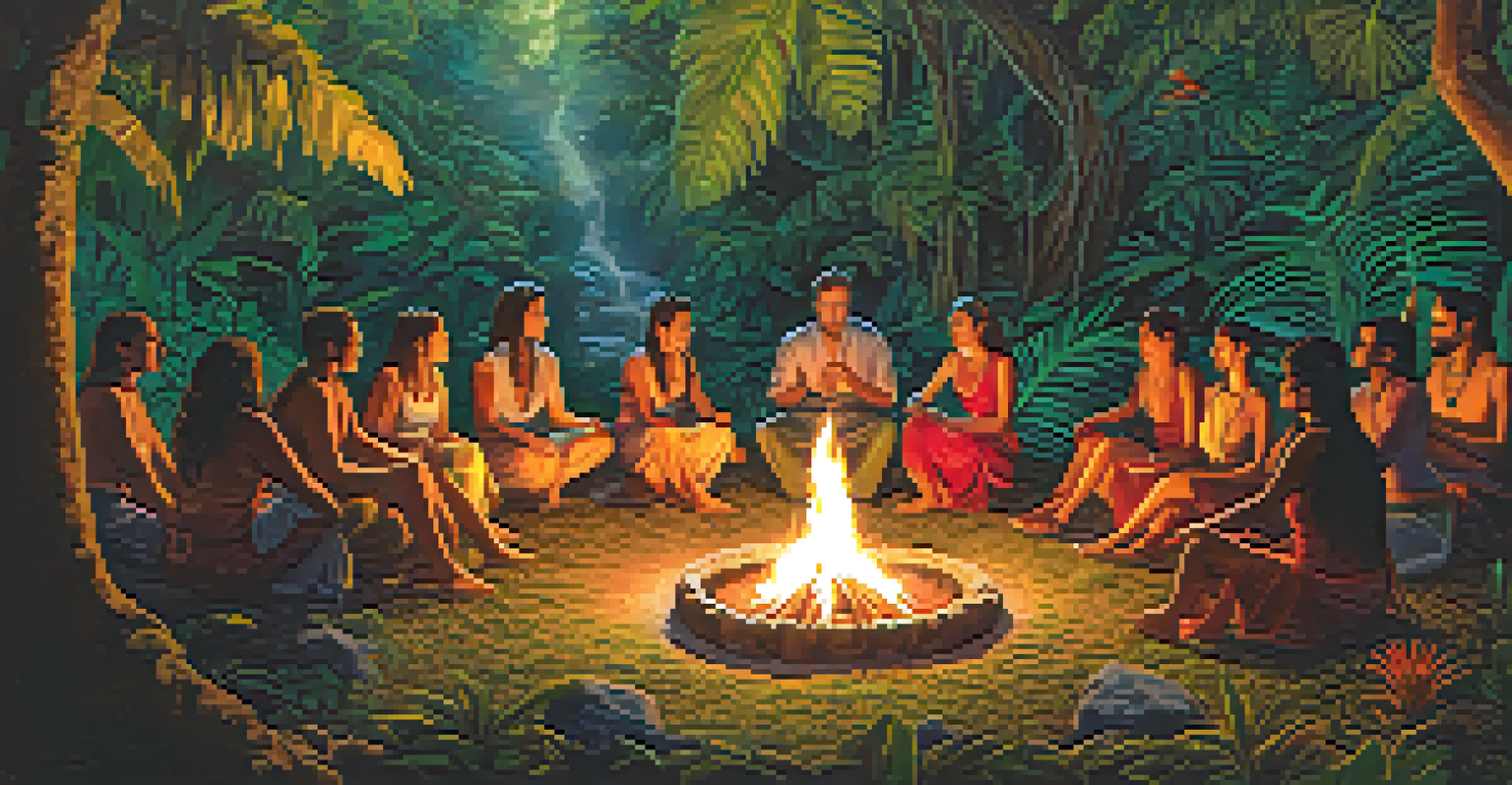 An Ayahuasca ceremony with participants seated around a fire in a jungle setting, illuminated by warm flames.