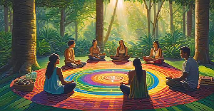 A peaceful Ayahuasca ceremony in a forest, with participants sitting in a circle on colorful mats, surrounded by greenery and soft light.