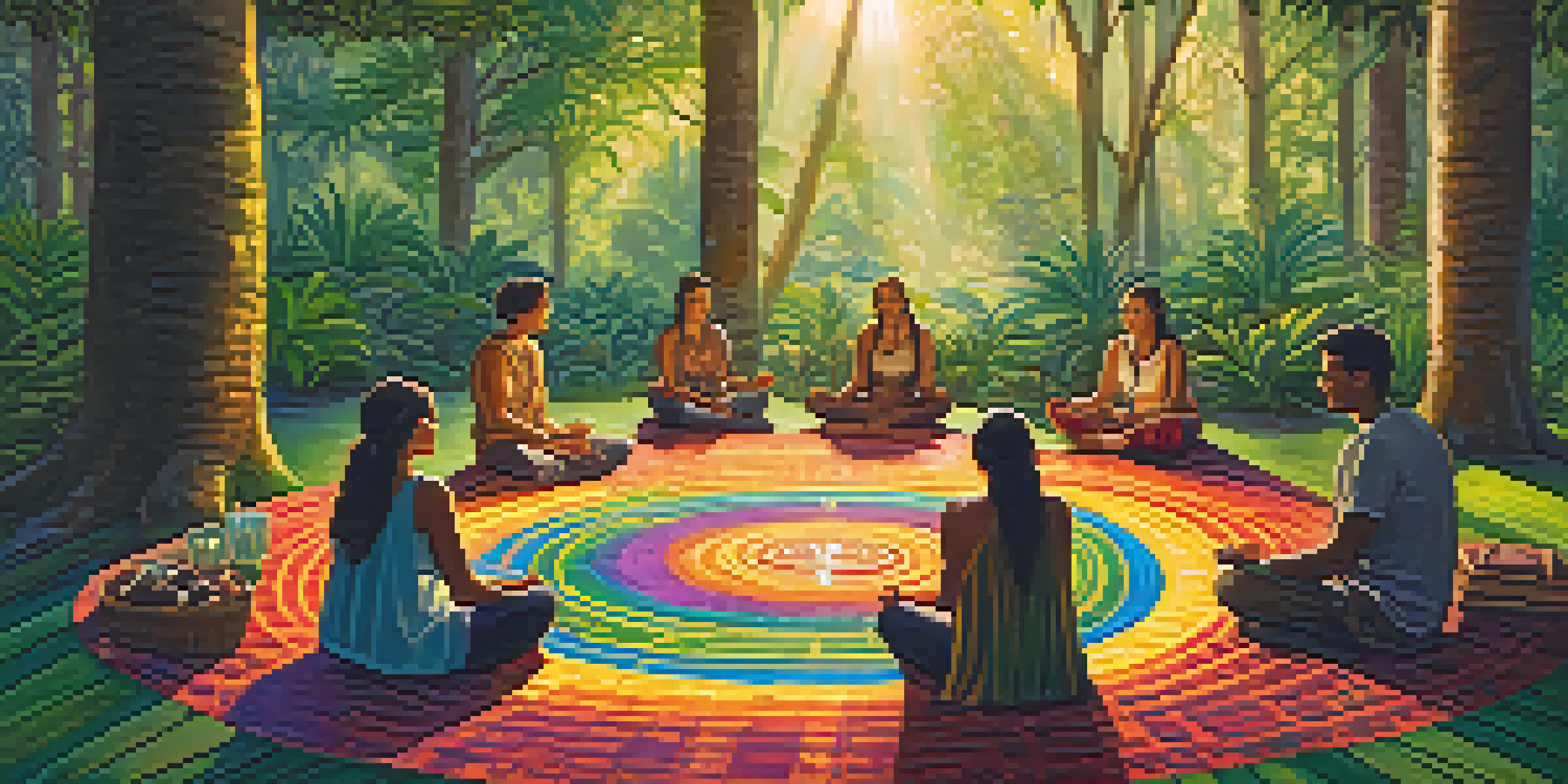 A peaceful Ayahuasca ceremony in a forest, with participants sitting in a circle on colorful mats, surrounded by greenery and soft light.