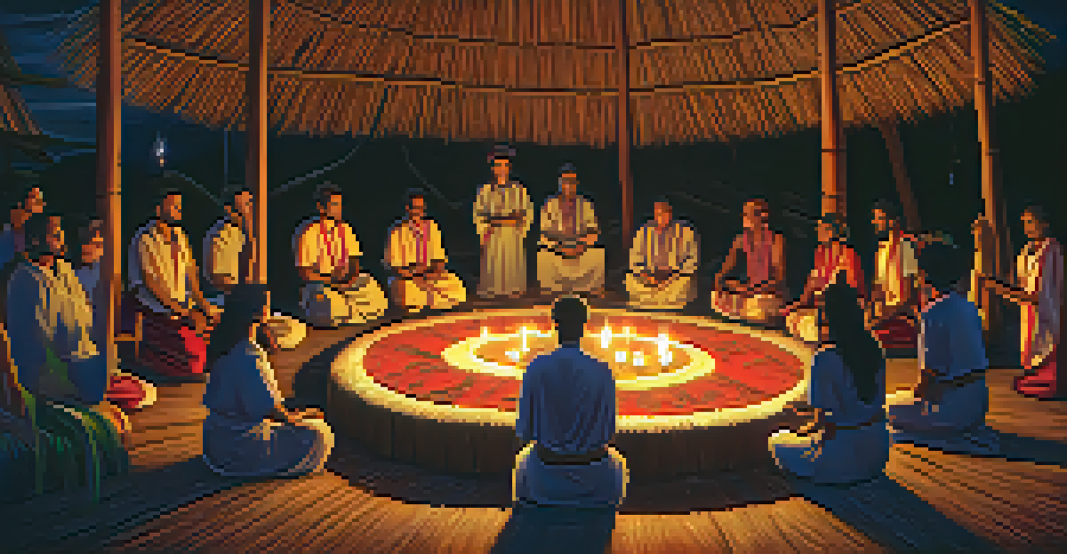 Participants in an ayahuasca ceremony inside a thatched-roof maloca, holding hands in a circle around a central altar.