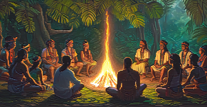 A diverse group of people participating in an ayahuasca ceremony in a lush forest, with a shaman leading the ritual around a glowing fire.