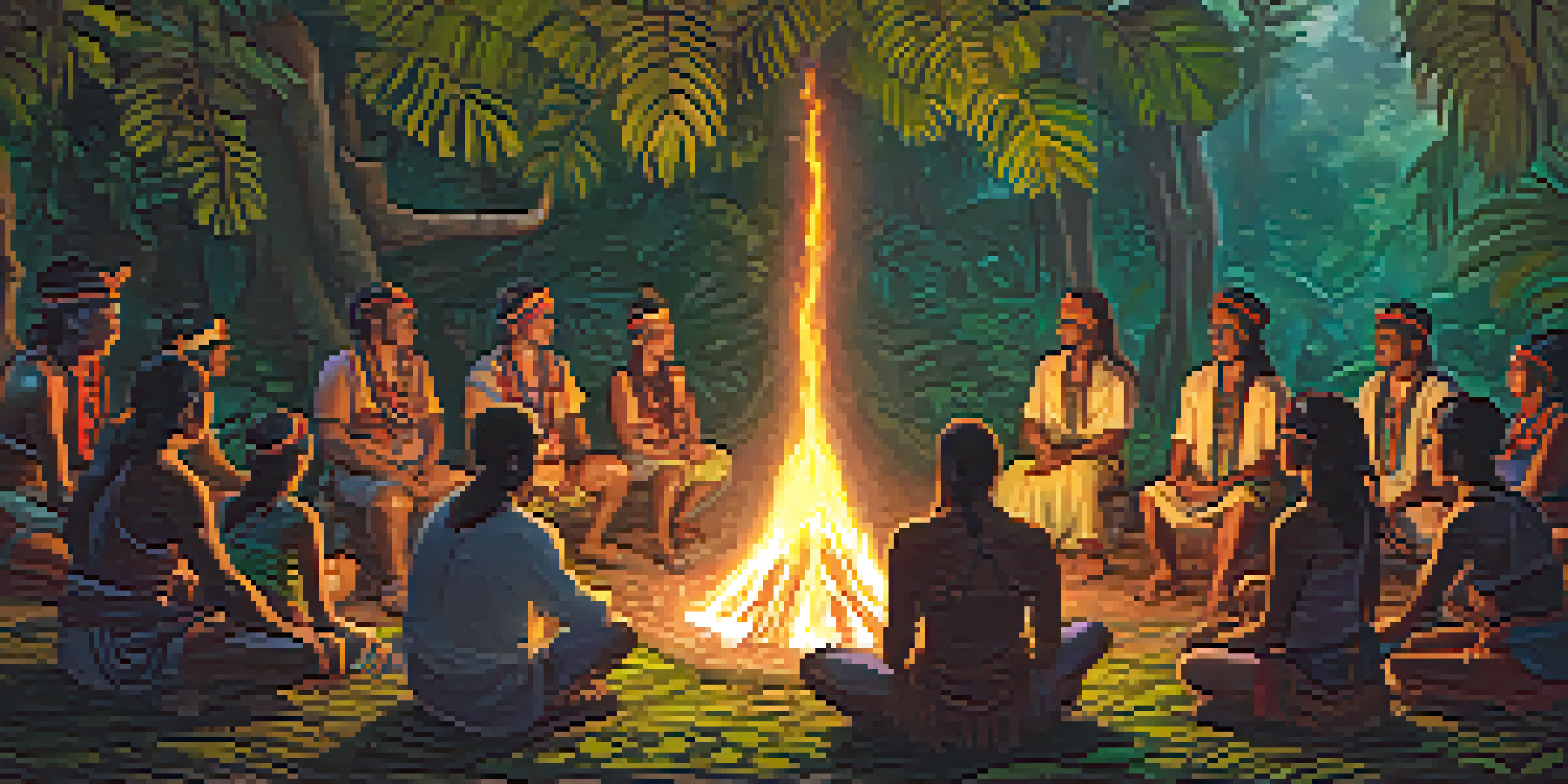 A diverse group of people participating in an ayahuasca ceremony in a lush forest, with a shaman leading the ritual around a glowing fire.