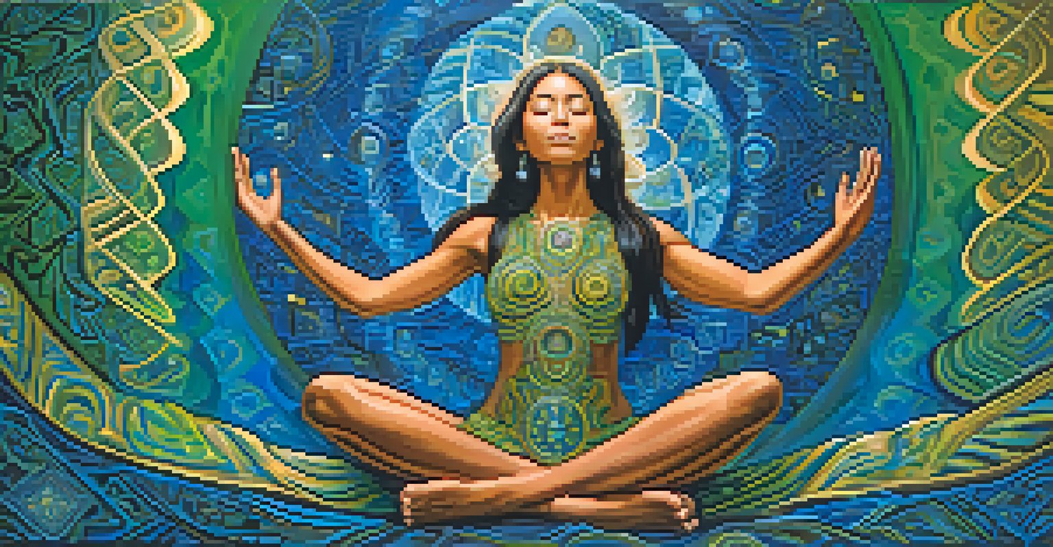 An abstract image representing emotional healing during an Ayahuasca journey, with swirling colors and a figure in meditation.