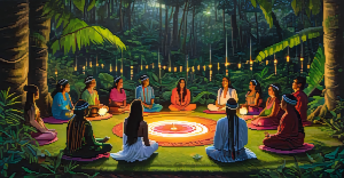 A tranquil Ayahuasca ceremony in the Amazon rainforest with participants seated in a circle, illuminated by candlelight, surrounded by lush greenery and a shaman singing.