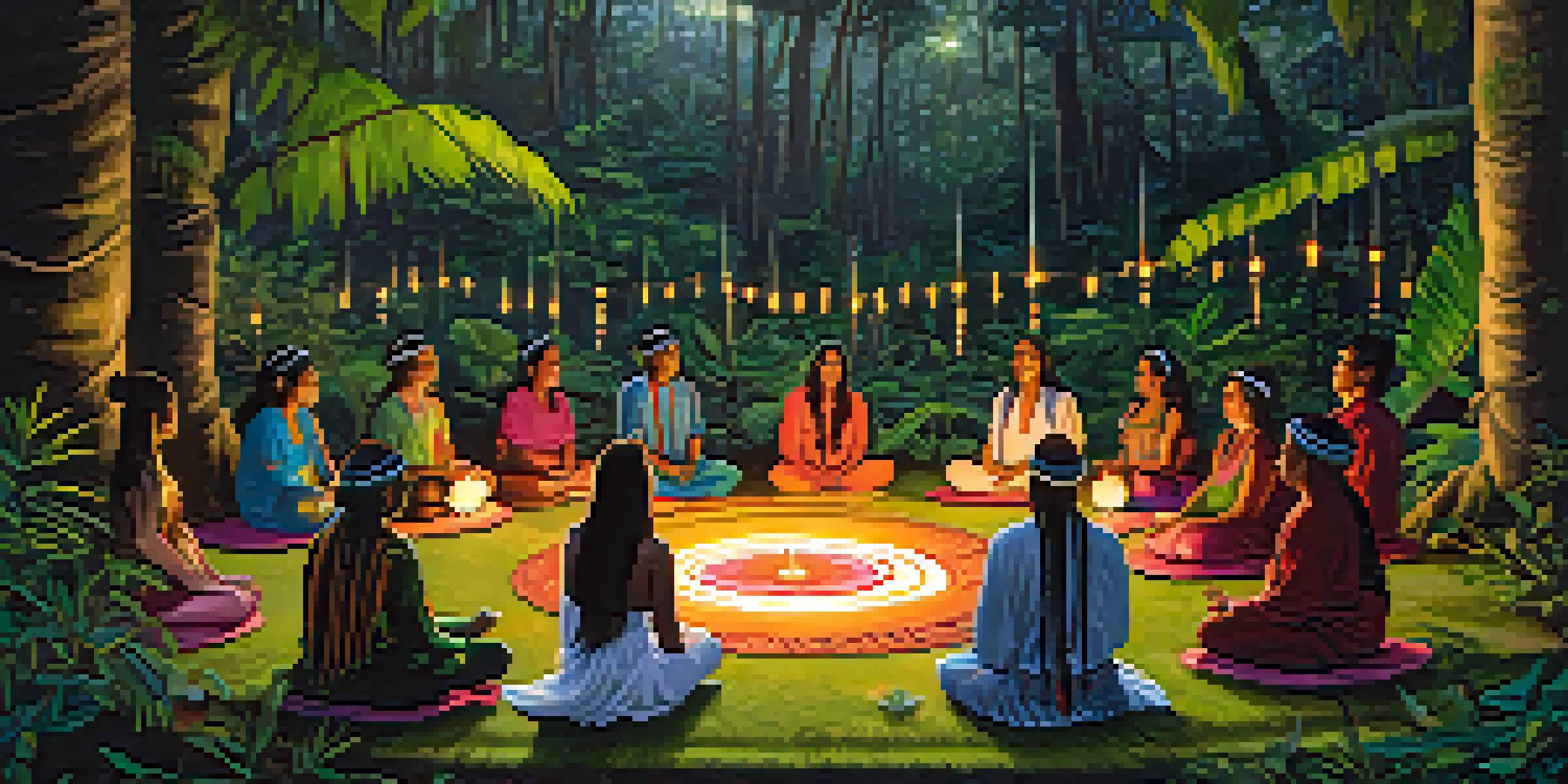 A tranquil Ayahuasca ceremony in the Amazon rainforest with participants seated in a circle, illuminated by candlelight, surrounded by lush greenery and a shaman singing.