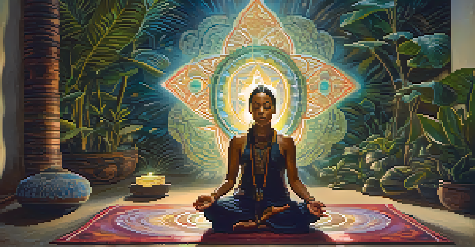A person meditating in a softly lit room, surrounded by spiritual symbols and glowing orbs of light.
