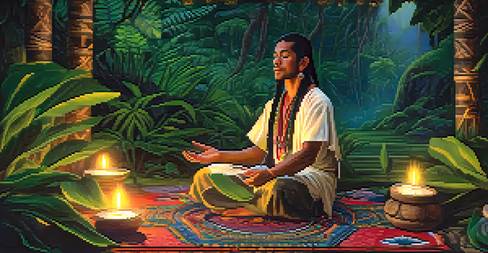 A shaman in traditional attire sitting on a mat in the Amazon rainforest at dusk, surrounded by candles and lush greenery, creating a serene atmosphere.