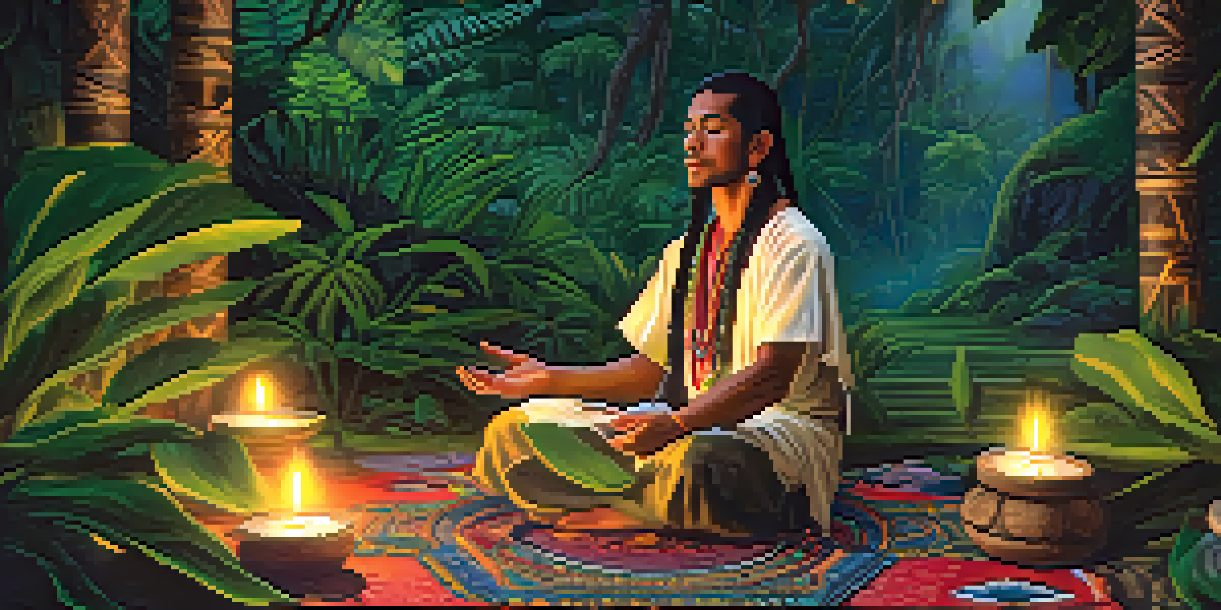 A shaman in traditional attire sitting on a mat in the Amazon rainforest at dusk, surrounded by candles and lush greenery, creating a serene atmosphere.