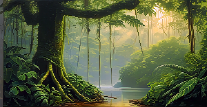 A peaceful scene of the Amazon rainforest at dawn, featuring a traditional ayahuasca brew on a wooden table, surrounded by lush greenery and soft mist.