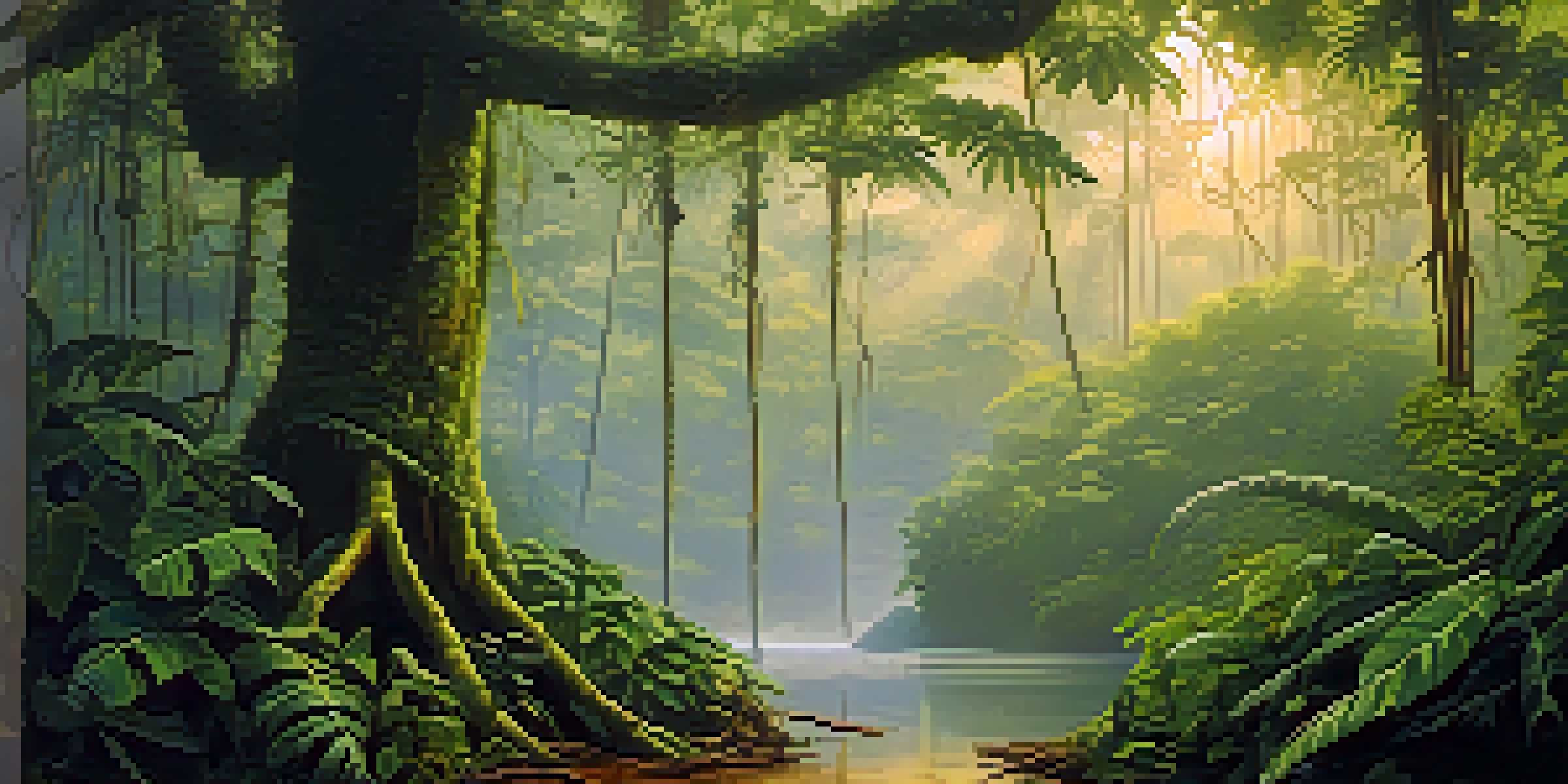A peaceful scene of the Amazon rainforest at dawn, featuring a traditional ayahuasca brew on a wooden table, surrounded by lush greenery and soft mist.