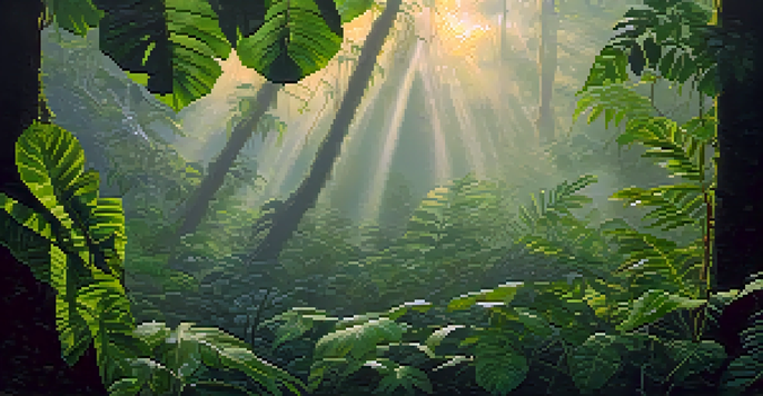 A tranquil Amazon rainforest with intertwined plants and soft morning light.