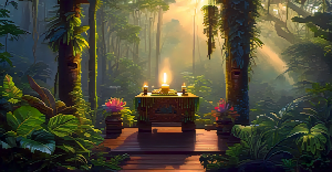 A tranquil dawn in the Amazon rainforest featuring a wooden altar for an Ayahuasca ceremony, surrounded by mist and colorful flowers.