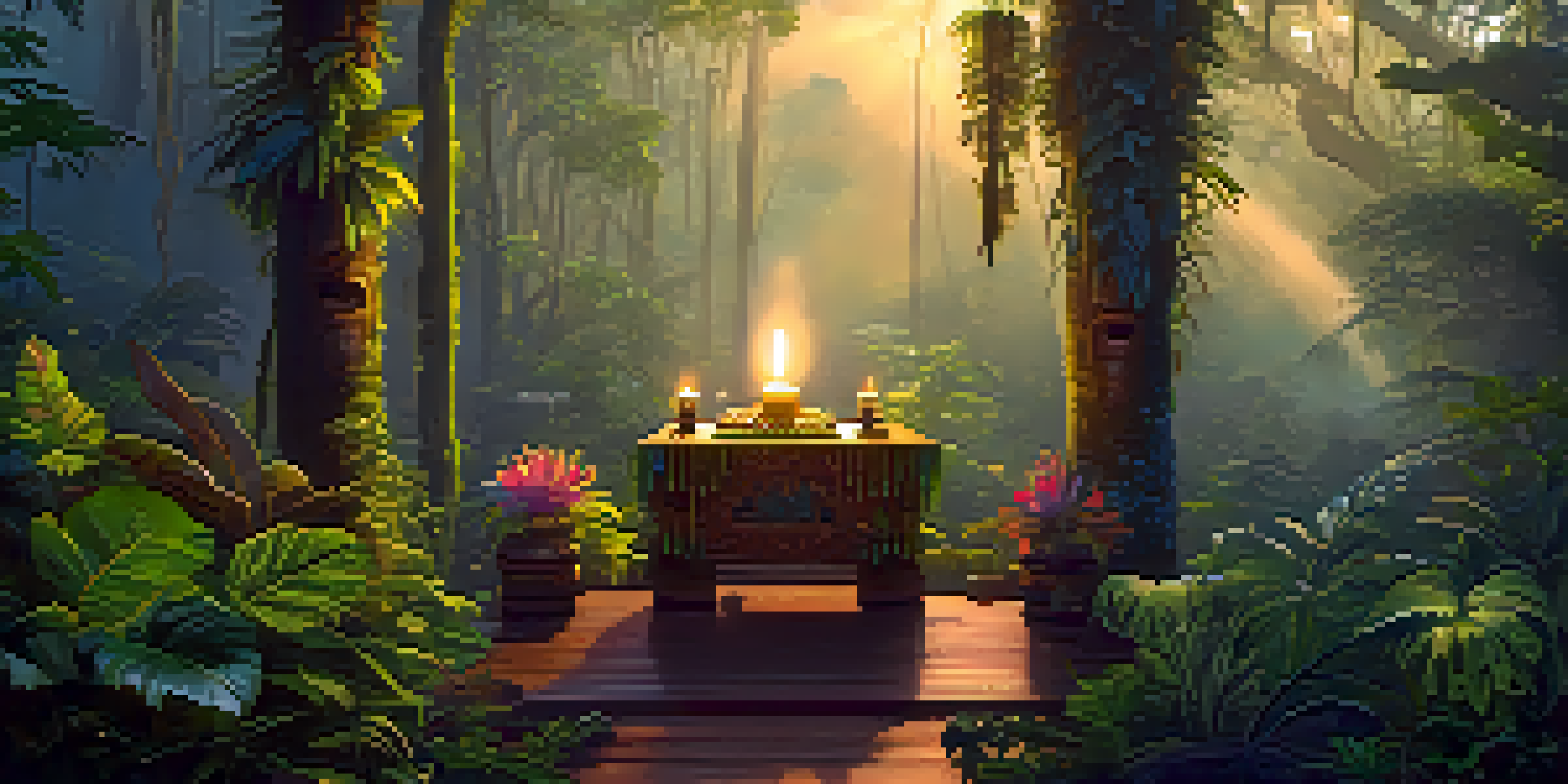 A tranquil dawn in the Amazon rainforest featuring a wooden altar for an Ayahuasca ceremony, surrounded by mist and colorful flowers.