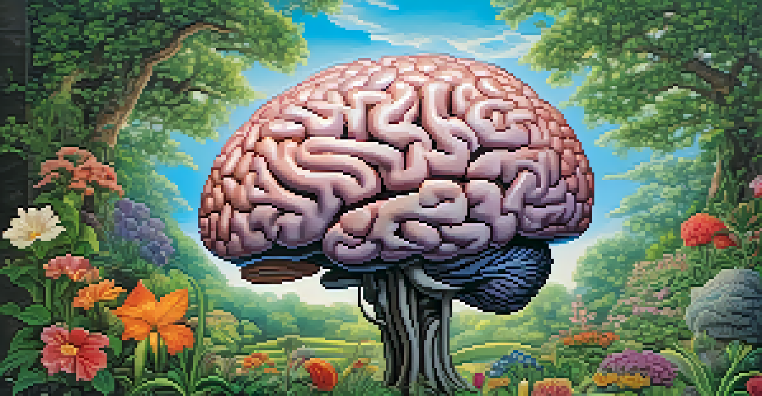 A serene illustration of a brain surrounded by blooming flowers and plants, symbolizing neuroplasticity and emotional healing.