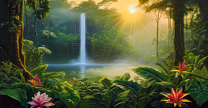 A peaceful Amazon rainforest at dawn, featuring green foliage, mist, a traditional Ayahuasca brew, and indigenous artifacts illuminated by soft golden light.