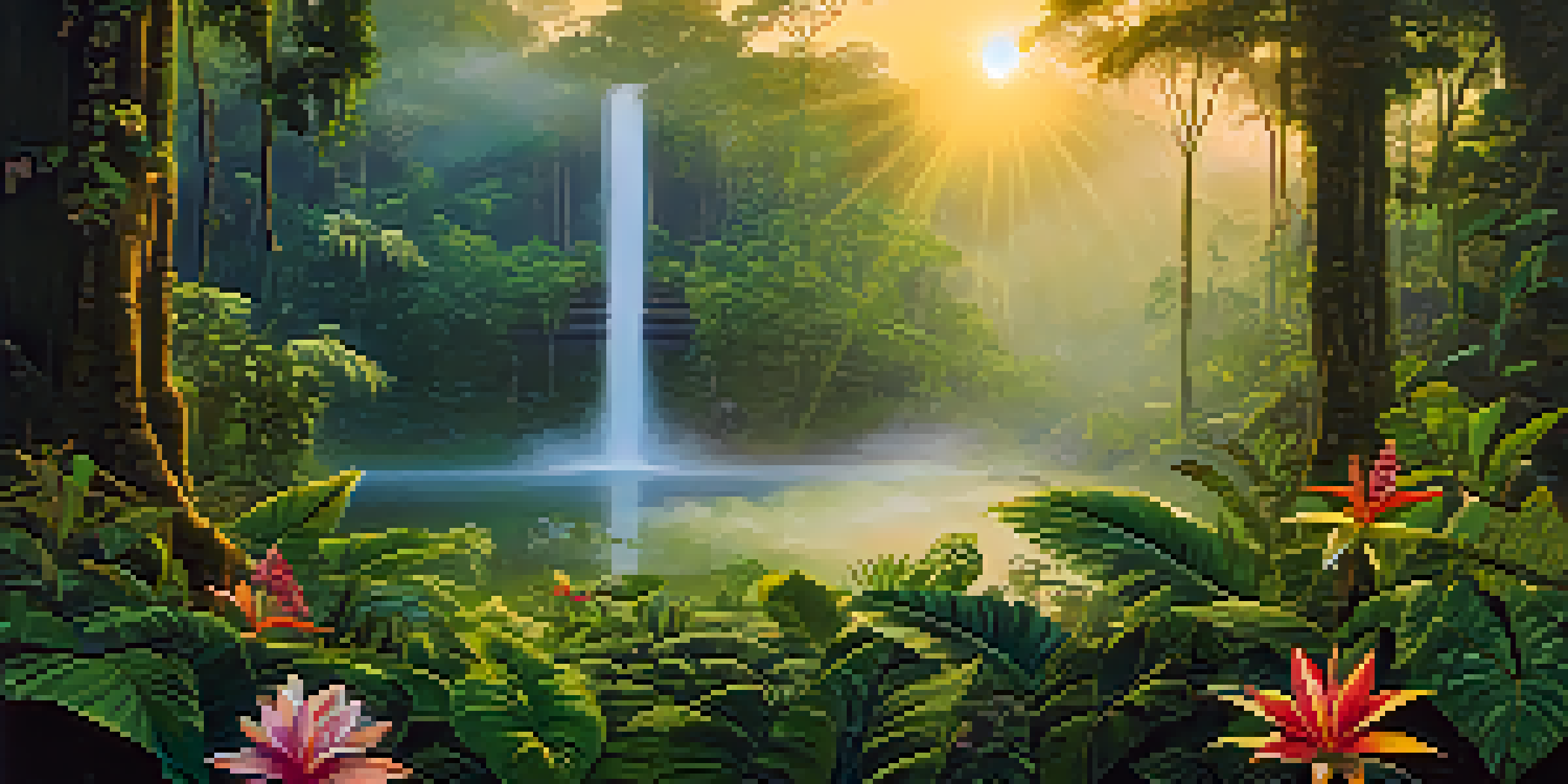 A peaceful Amazon rainforest at dawn, featuring green foliage, mist, a traditional Ayahuasca brew, and indigenous artifacts illuminated by soft golden light.