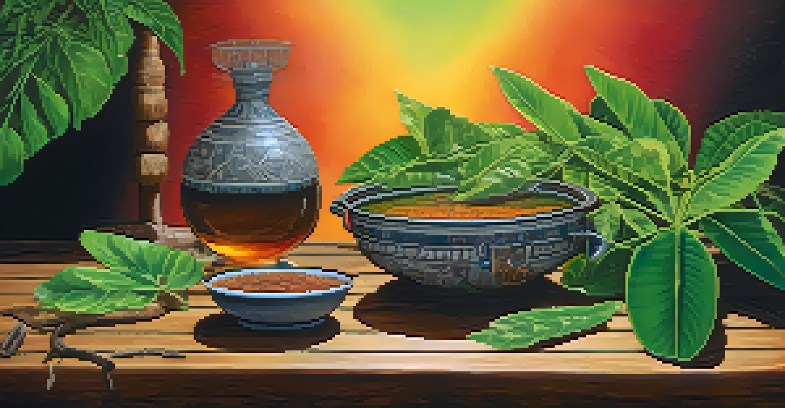 Close-up of the ingredients used in making ayahuasca brew with a steaming pot in the background.