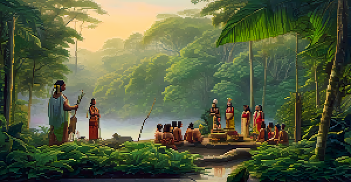 An Amazon rainforest at dawn with Indigenous healers performing a ritual around a wooden altar, surrounded by lush greenery and mist.