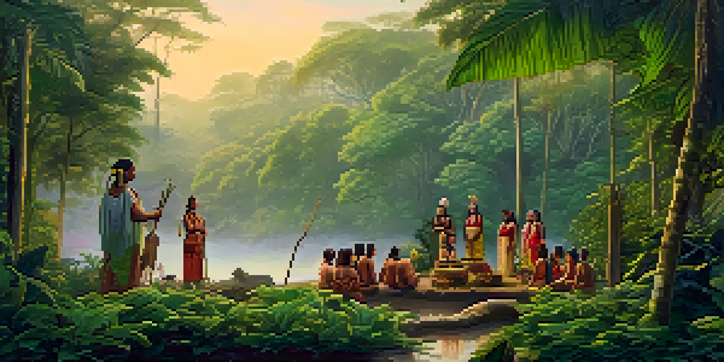 An Amazon rainforest at dawn with Indigenous healers performing a ritual around a wooden altar, surrounded by lush greenery and mist.