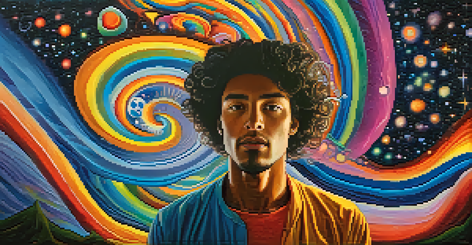 An abstract depiction of an individual having a transformative ayahuasca experience, with colorful swirls and a starry night sky illustrating their connection to the universe.