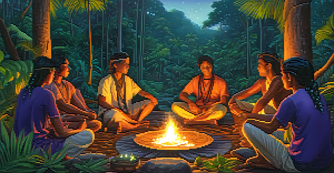 A serene Ayahuasca ceremony in the Amazon rainforest at dusk, with participants sitting in a circle around a fire, surrounded by lush greenery and a colorful sunset sky.