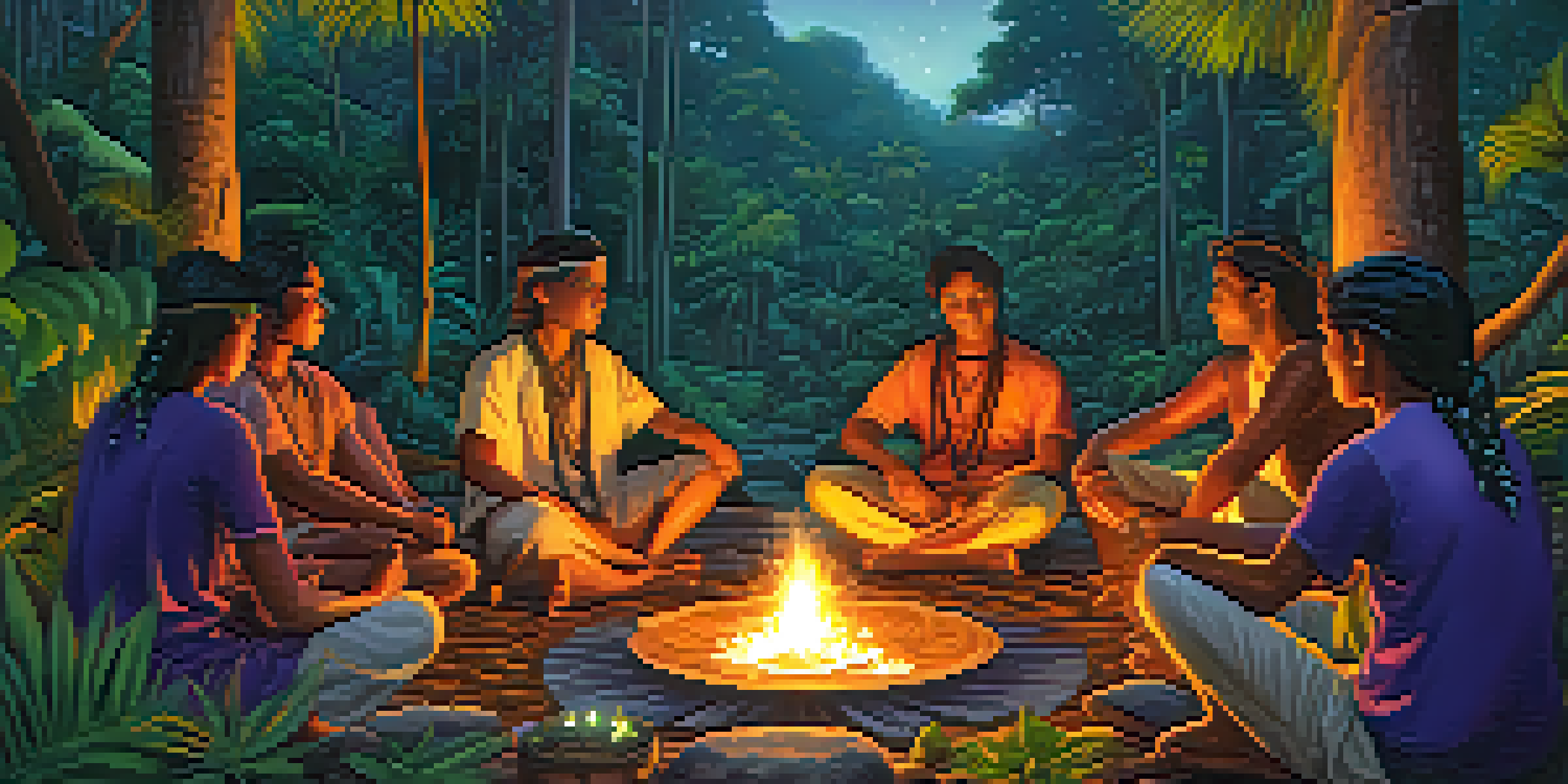 A serene Ayahuasca ceremony in the Amazon rainforest at dusk, with participants sitting in a circle around a fire, surrounded by lush greenery and a colorful sunset sky.