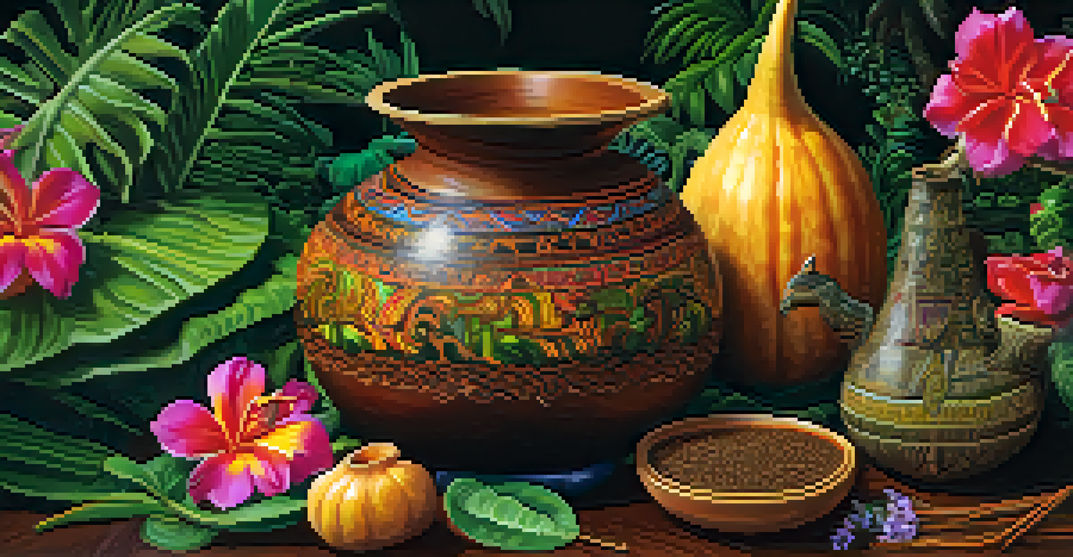 A close-up of Ayahuasca brew in a gourd, surrounded by colorful tropical plants and flowers, emphasizing the natural connection.