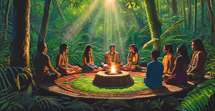 Participants in a circle during an Ayahuasca ceremony in the Amazon rainforest, surrounded by lush greenery and soft lighting.
