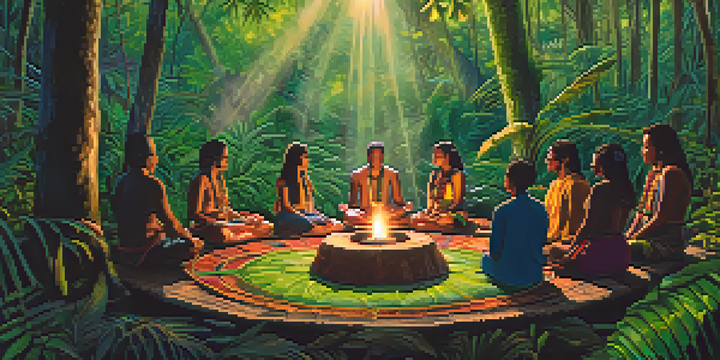 Participants in a circle during an Ayahuasca ceremony in the Amazon rainforest, surrounded by lush greenery and soft lighting.