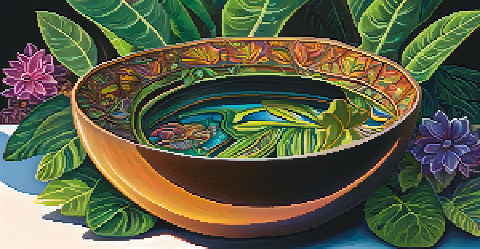 Close-up of a bowl of ayahuasca brew surrounded by colorful tropical leaves and flowers, with soft sunlight illuminating the scene.