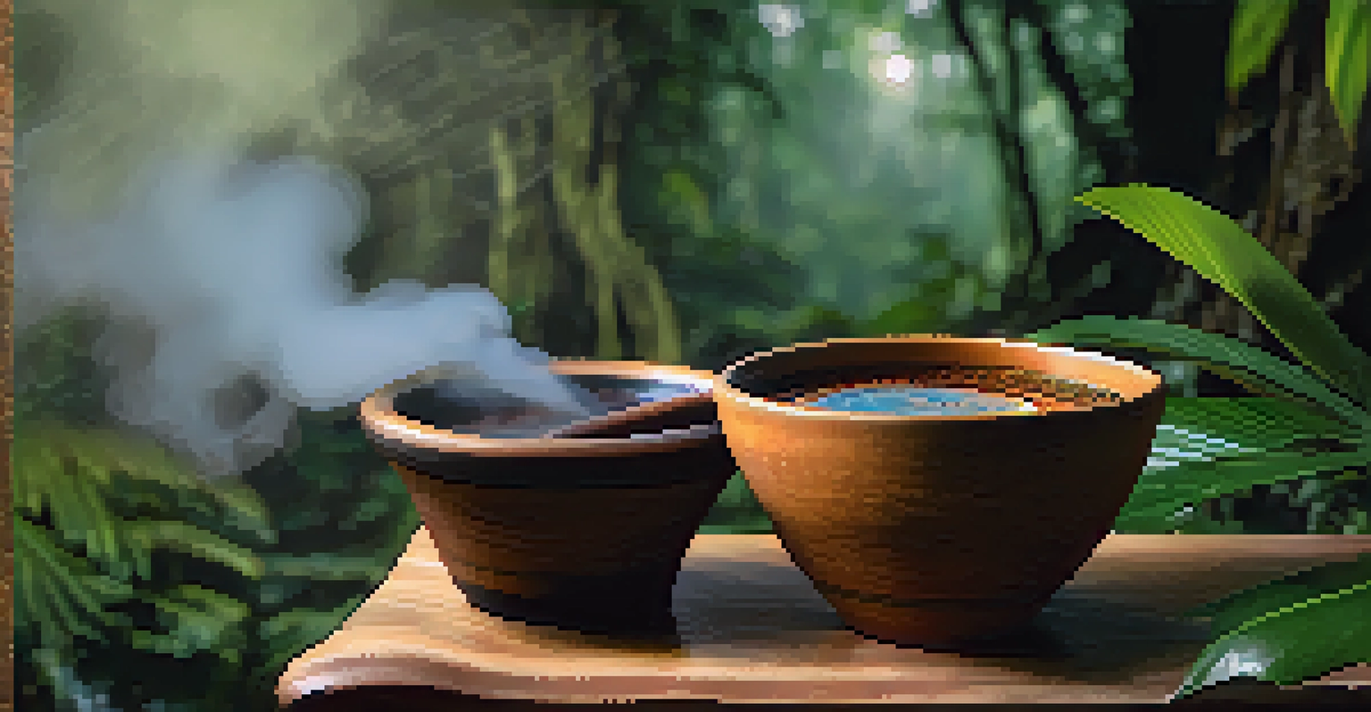 A close-up of a handcrafted bowl containing Ayahuasca brew, with steam rising against a blurred rainforest background.
