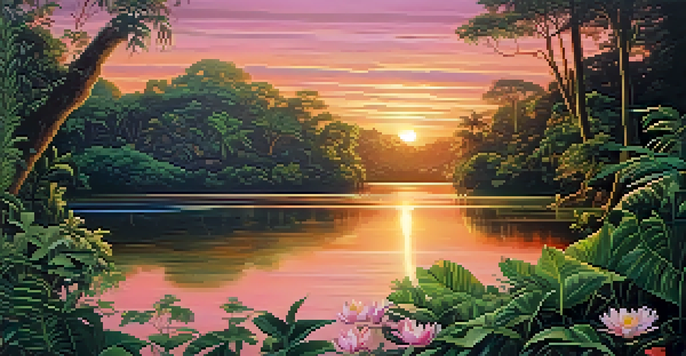A peaceful Amazon rainforest at sunset with a reflective river and lush greenery.