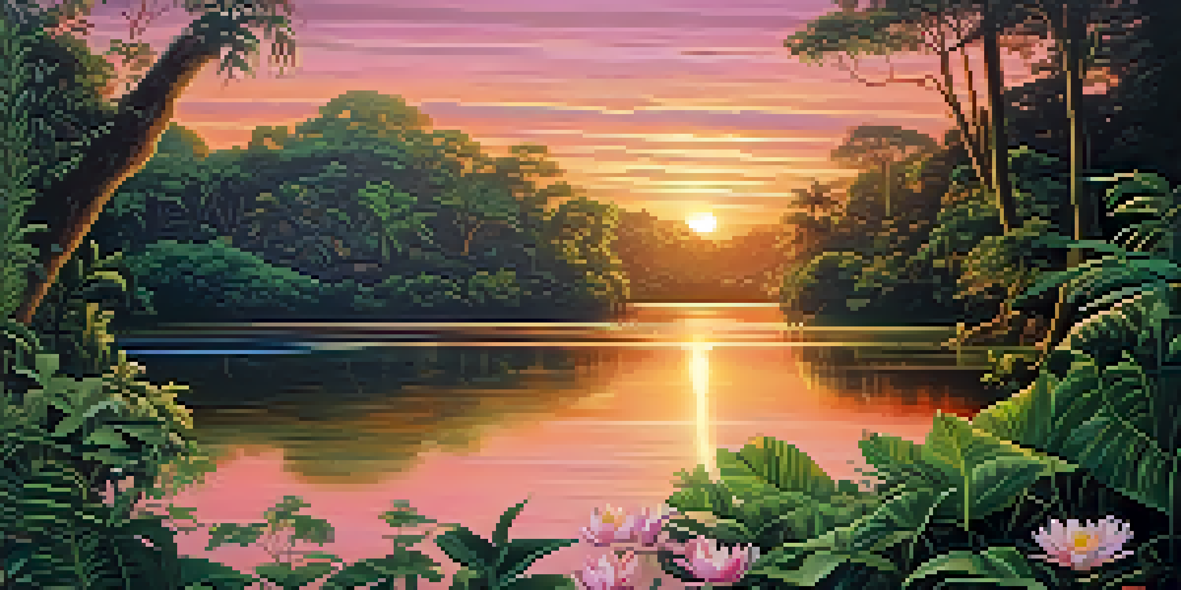 A peaceful Amazon rainforest at sunset with a reflective river and lush greenery.