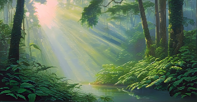 An Amazon rainforest at dawn with mist, vibrant green vines, white flowers, and a stream reflecting the sunlight.