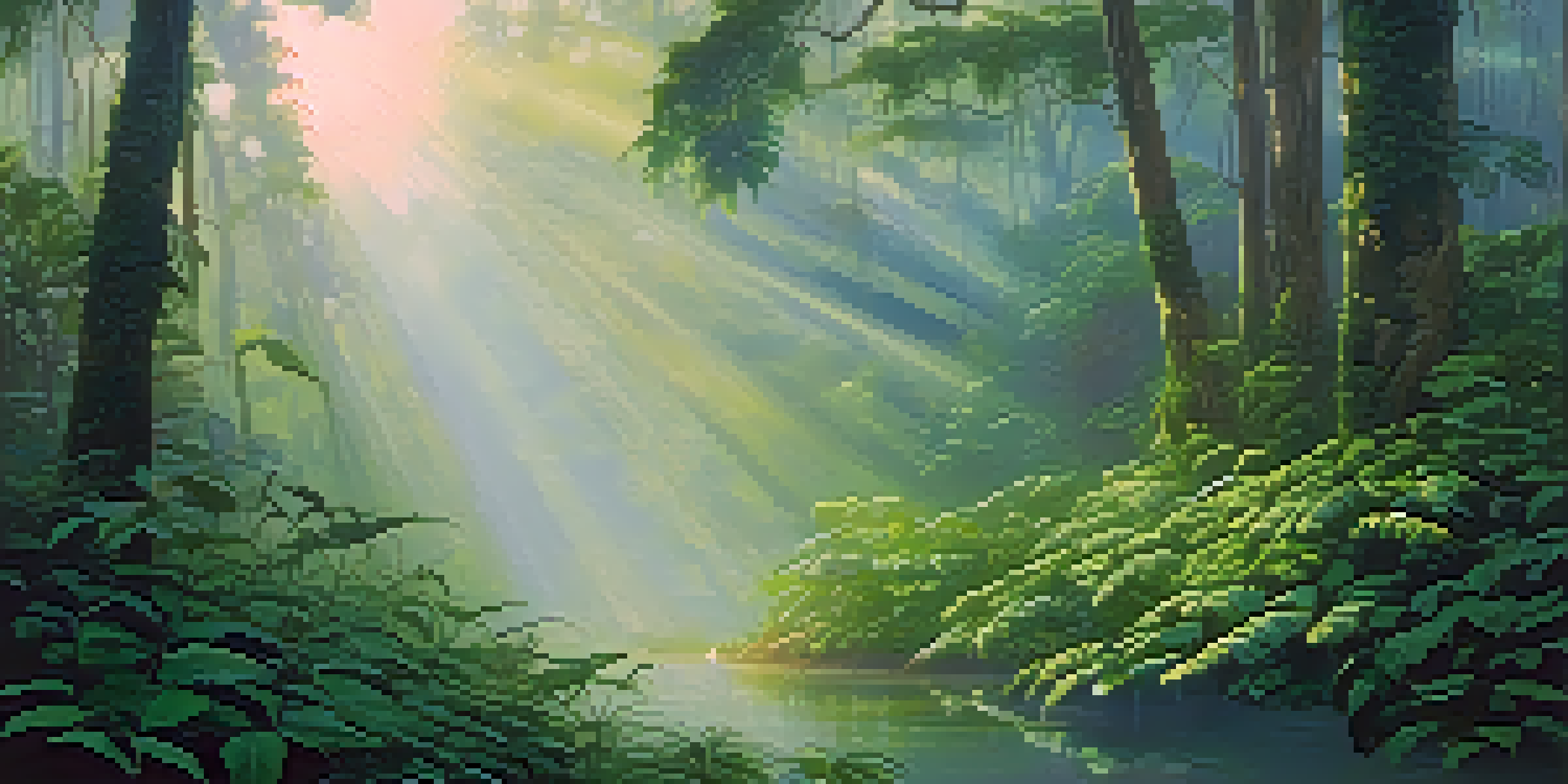 An Amazon rainforest at dawn with mist, vibrant green vines, white flowers, and a stream reflecting the sunlight.