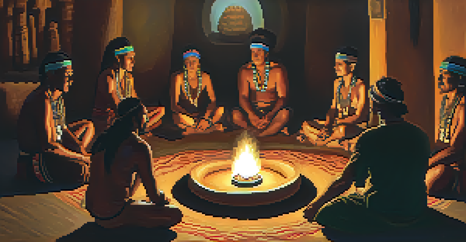 A group of people in a ceremonial hut, preparing to drink Ayahuasca with a shaman at the center.